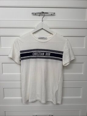 Authentic Dior White Short-Sleeve Tee with Navy Logo Bands